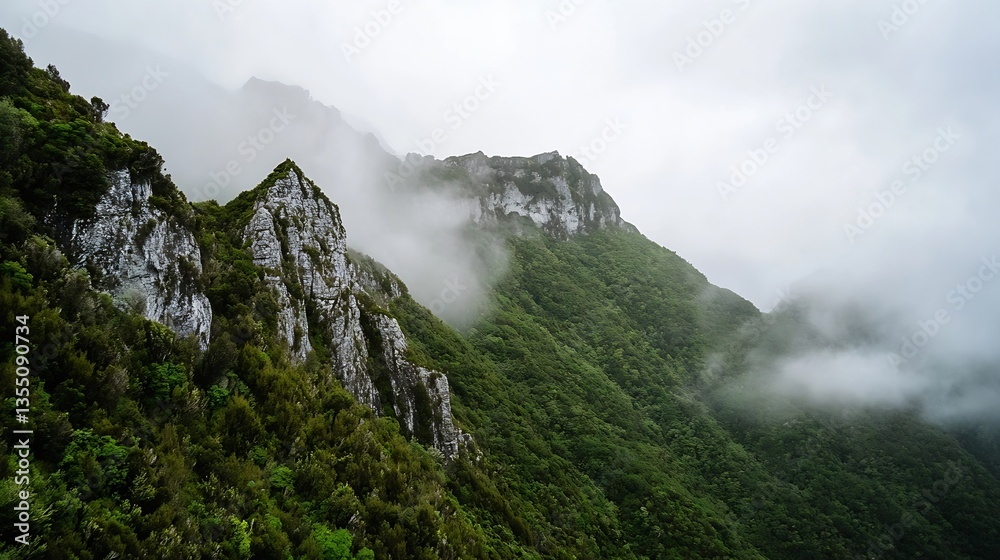 Fototapeta premium Misty mountains with lush vegetation and rocky peaks shrouded in clouds : Generative AI