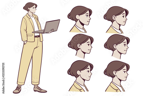 34 Character design, business woman, yellow pantsuit, short brown hair, laptop, professional, flat illustration, vector art, character turnaround, body parts, facial expressions, various poses, minima