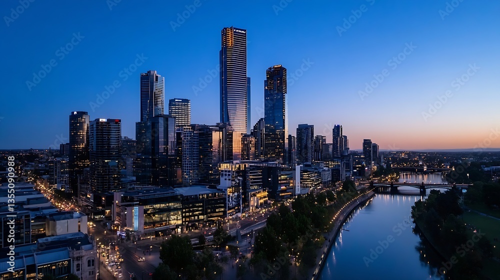 Obraz premium Stunning Evening City Skyline with Illuminated Skyscrapers Along a Serene Waterway : Generative AI