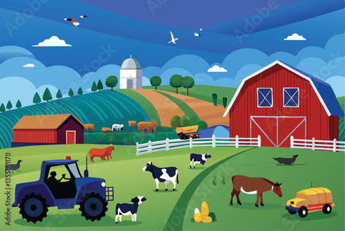 Idyllic farm scene featuring a vibrant red barn, vintage tractors, and lush green fields under a bright sun.