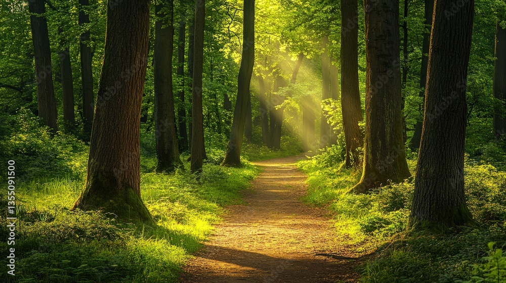 Naklejka premium Sunlight beams through towering trees illuminating a forest path