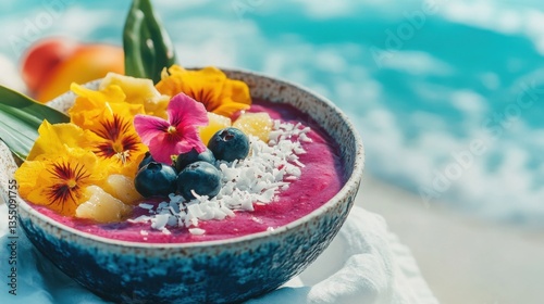Colorful fruit smoothie bowl with coconut shavings and edible flowers presented on a white linen cloth against a tropical beach backdrop clean composition free space