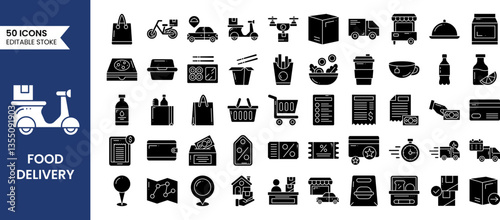 Food Delivery icons set in solid style. Order food, restaurant, fast food, scooter, deliver, take away and more. Vector illustration