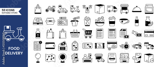Food Delivery icons set in duotone style. Order food, restaurant, fast food, scooter, deliver, take away and more. Vector illustration