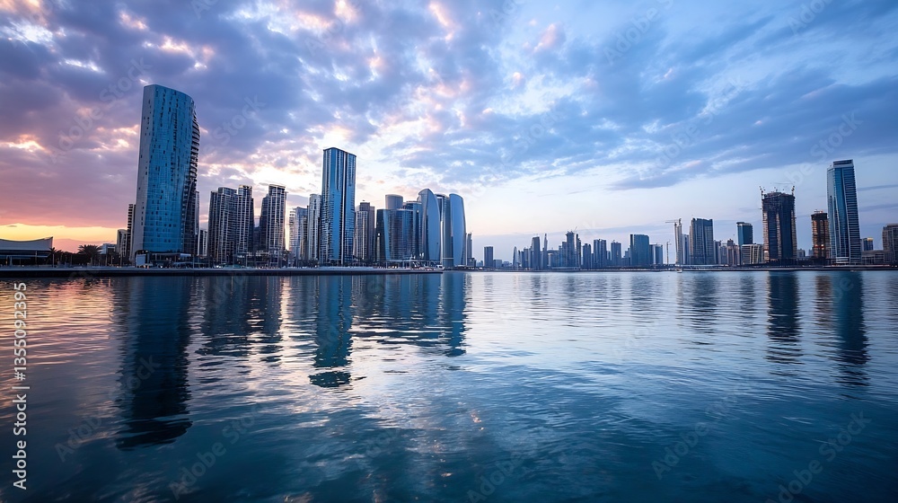 Fototapeta premium Modern city skyline at twilight reflecting on water with vibrant clouds in the background : Generative AI