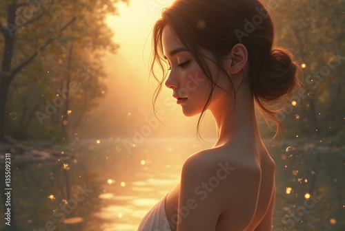Beautiful woman enjoying magical golden sunset in the forest near a river