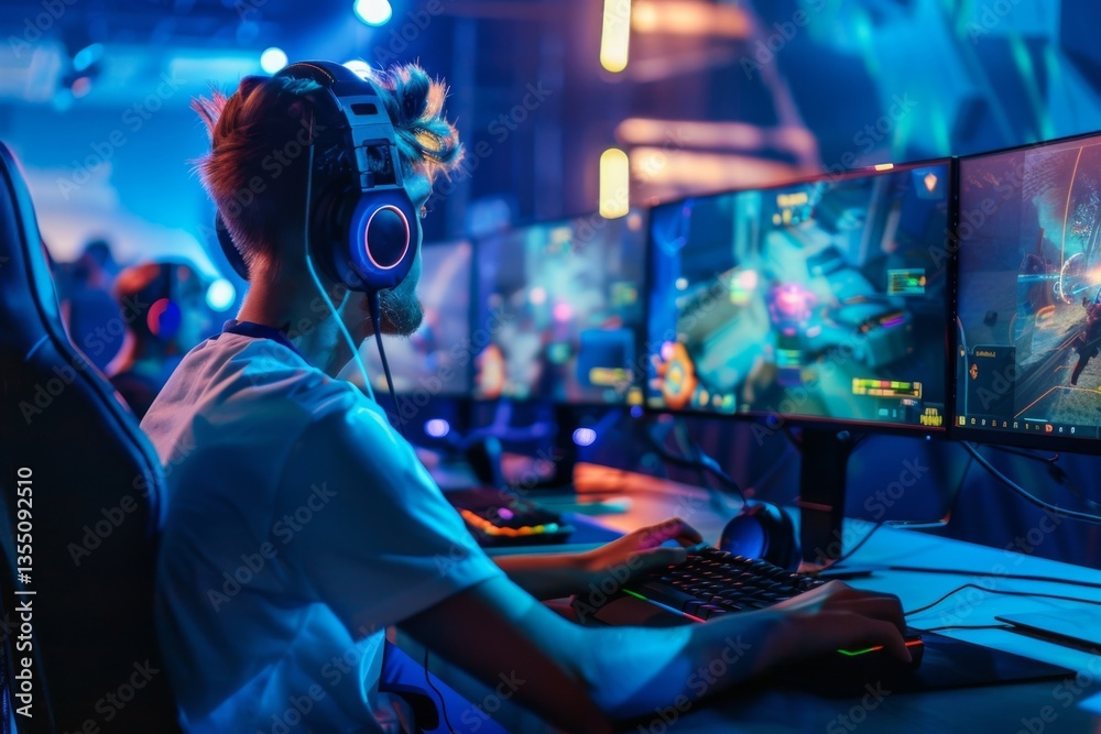 A gamer is participating in a live-streamed esports tournament, surrounded by large monitors A gamer is participating in a live-streamed esports tournament, surrounded by large monitors