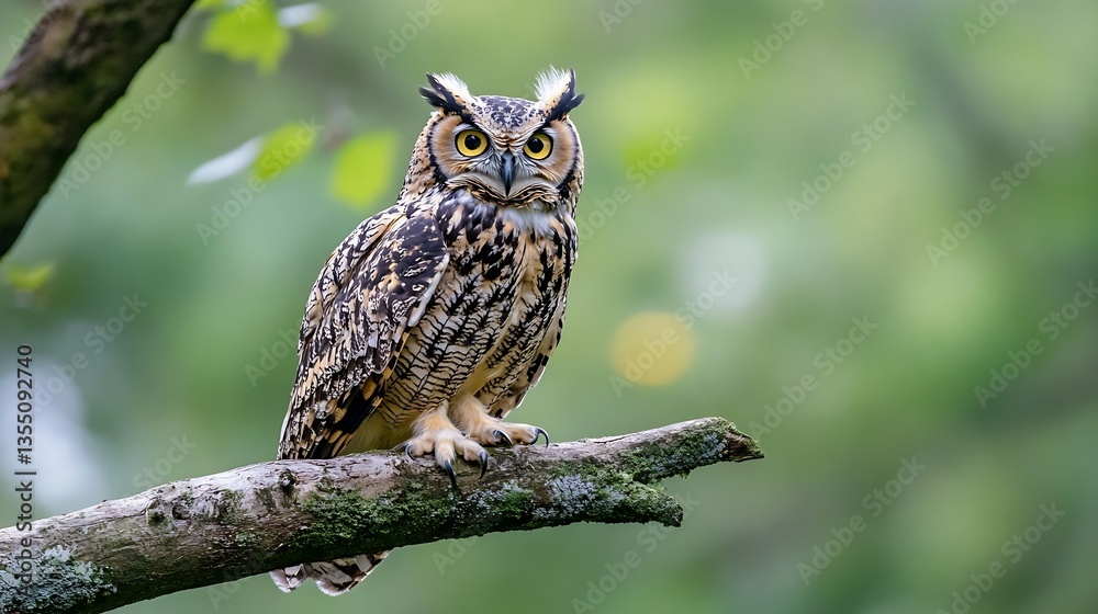 Obraz premium Majestic owl perched on a branch captivating gaze in a serene natural setting : Generative AI