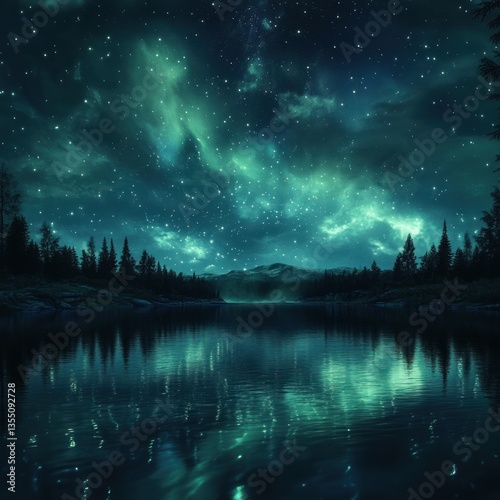 Mystical night sky over a serene lake