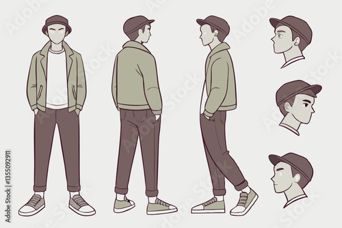 35 Character design, male figure, different poses, front view, side view, back view, olive green jacket, white t-shirt, brown pants, sneakers, casual outfit, body parts, hands, feet, facial expression