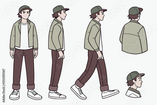35 Character design, male figure, different poses, front view, side view, back view, olive green jacket, white t-shirt, brown pants, sneakers, casual outfit, body parts, hands, feet, facial expression