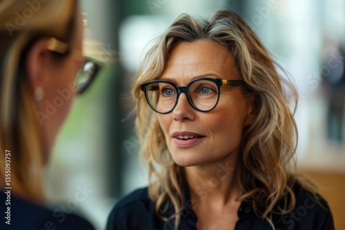 A middle aged professional business woman wearing glasses engaged in conversation with another woman