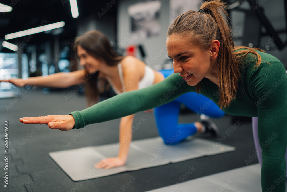 Obraz premium Two young women doing bird dog exercise in gym