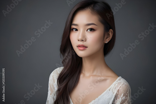 Beautiful young Asian woman with long wavy hair posing in elegant white dress