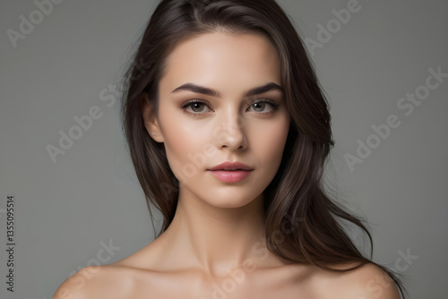 Beautiful young woman with perfect skin and long brown hair posing on gray background