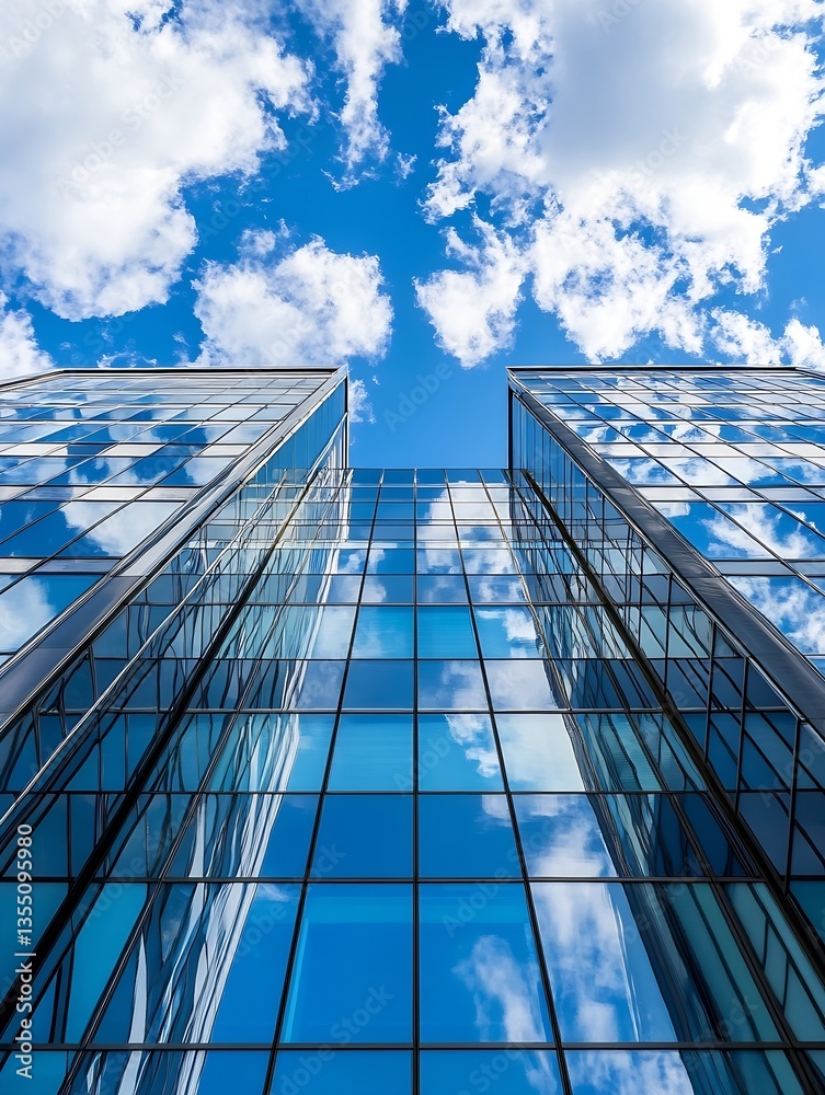Obraz premium Stunning view of modern glass skyscrapers reflecting clouds and blue sky from below : Generative AI