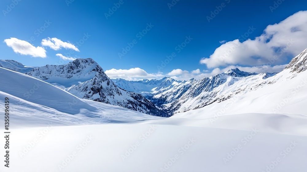 Breathtaking landscape view of snowcovered mountains under a clear blue sky with fluffy clouds on a sunny day : Generative AI Breathtaking landscape view of snowcovered mountains under a clear blue sky with fluffy clouds on a sunny day : Generative AI