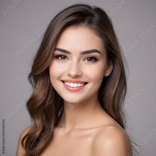 Beautiful smiling woman with long brown wavy hair and perfect teeth showing healthy skin