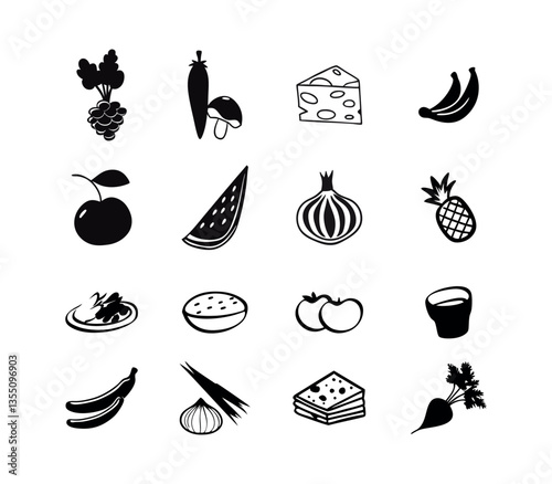 Set of food icons featuring fruits and vegetables including apple, banana, pineapple, cherry, lemon, strawberry, tomato, onion, and more in a simple vector illustration style