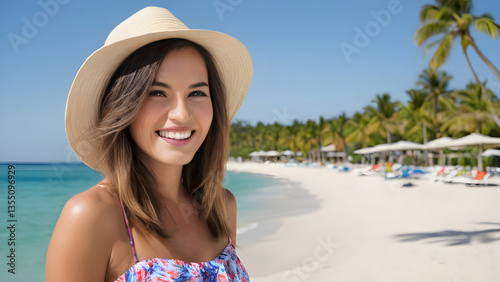 Tourist smiling and wearing straw hat on tropical beach