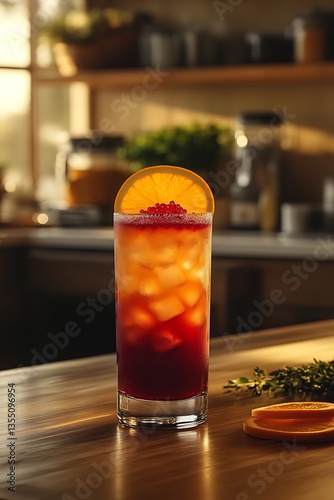 Sunlit kitchen cocktail, orange garnish