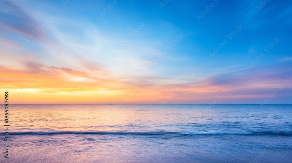 Naklejka premium Vibrant sunset reflecting on the calm ocean waters creating an enchanting seascape : Generative AI