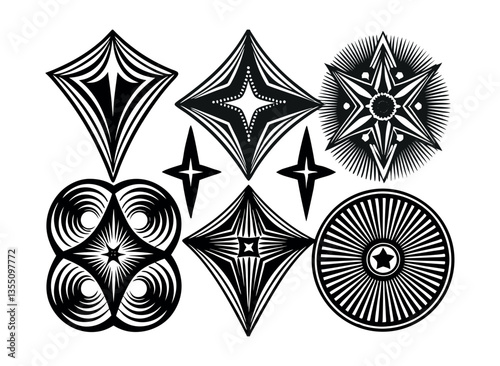 Black and white star pattern with geometric shapes, holiday decorations, and festive elements in a winter-themed design
