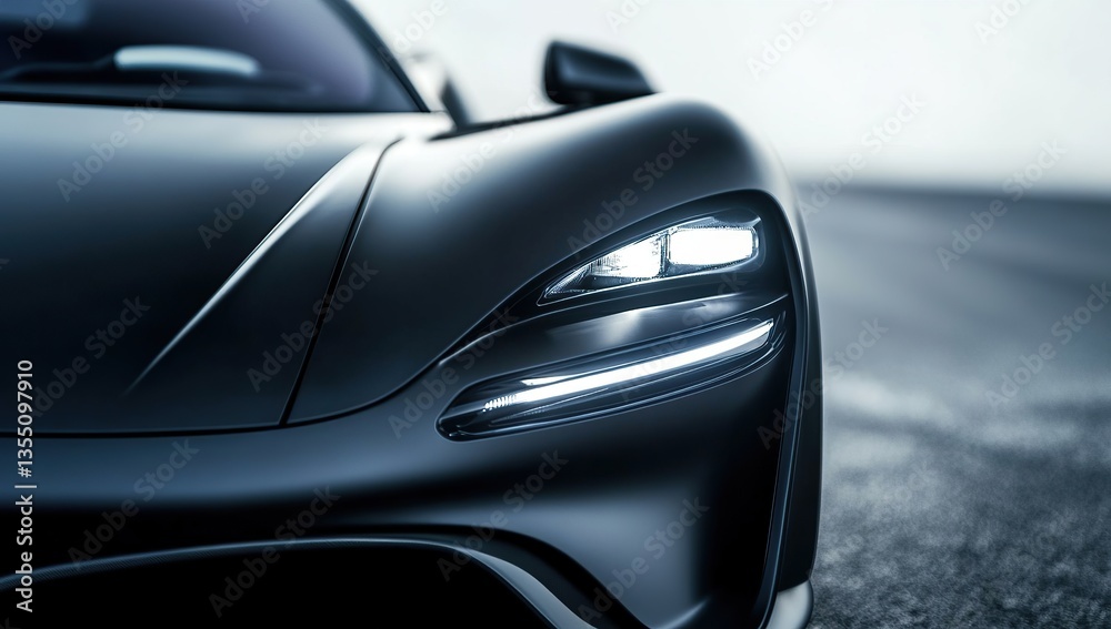 Close-up of the headlights and front-end design on an electric hypercar in matte black, Close-up of the headlights and front-end design on an electric hypercar in matte black,