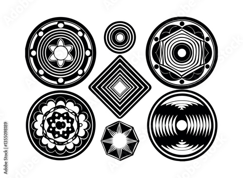 Black and white vector set of circular geometric patterns and swirl elements
