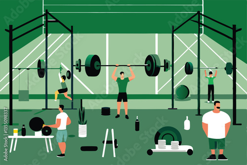 Illustrate a vibrant gym interior with diverse weightlifting equipment, showcasing various individuals exercising.