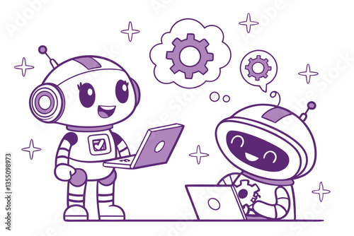37 Cute cartoon robots, purple and white color scheme, friendly AI assistants, data analysis, task completion, digital note-taking, floating geometric shapes, sparkles, minimalist design, flat illustr
