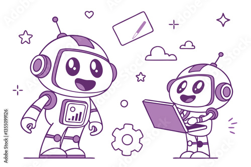 37 Cute cartoon robots, purple and white color scheme, friendly AI assistants, data analysis, task completion, digital note-taking, floating geometric shapes, sparkles, minimalist design, flat illustr