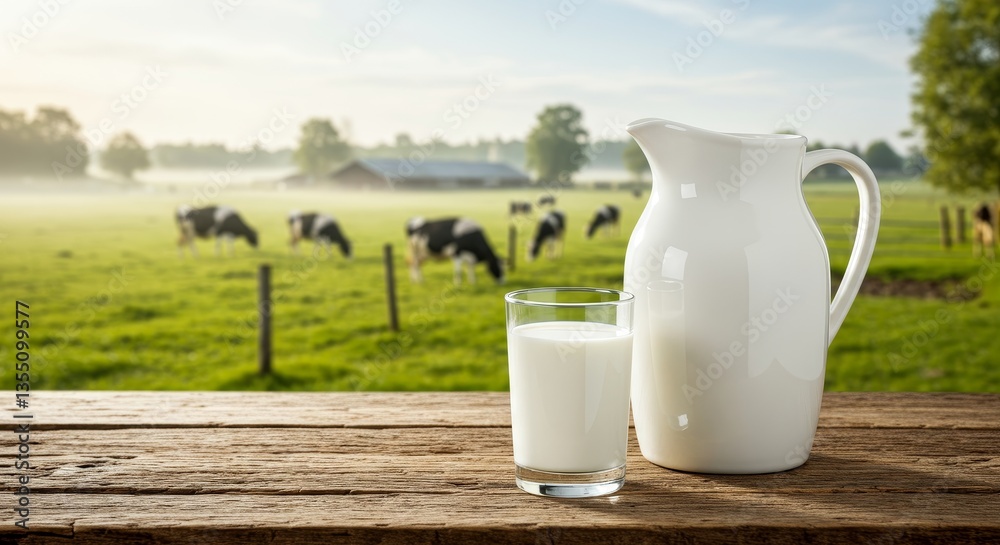 Fresh Milk from Happy Cows - A glass and pitcher of fresh milk sit on a rustic wooden table, with a picturesque pasture of cows in the background Fresh Milk from Happy Cows - A glass and pitcher of fresh milk sit on a rustic wooden table, with a picturesque pasture of cows in the background
