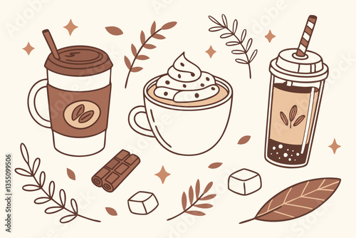 38 Cozy coffee illustrations, warm color palette, hand-drawn style, cute beverage icons, diverse coffee and tea drinks, seasonal mugs, latte art, marshmallows, cinnamon sticks, to-go cup, mason jar, w