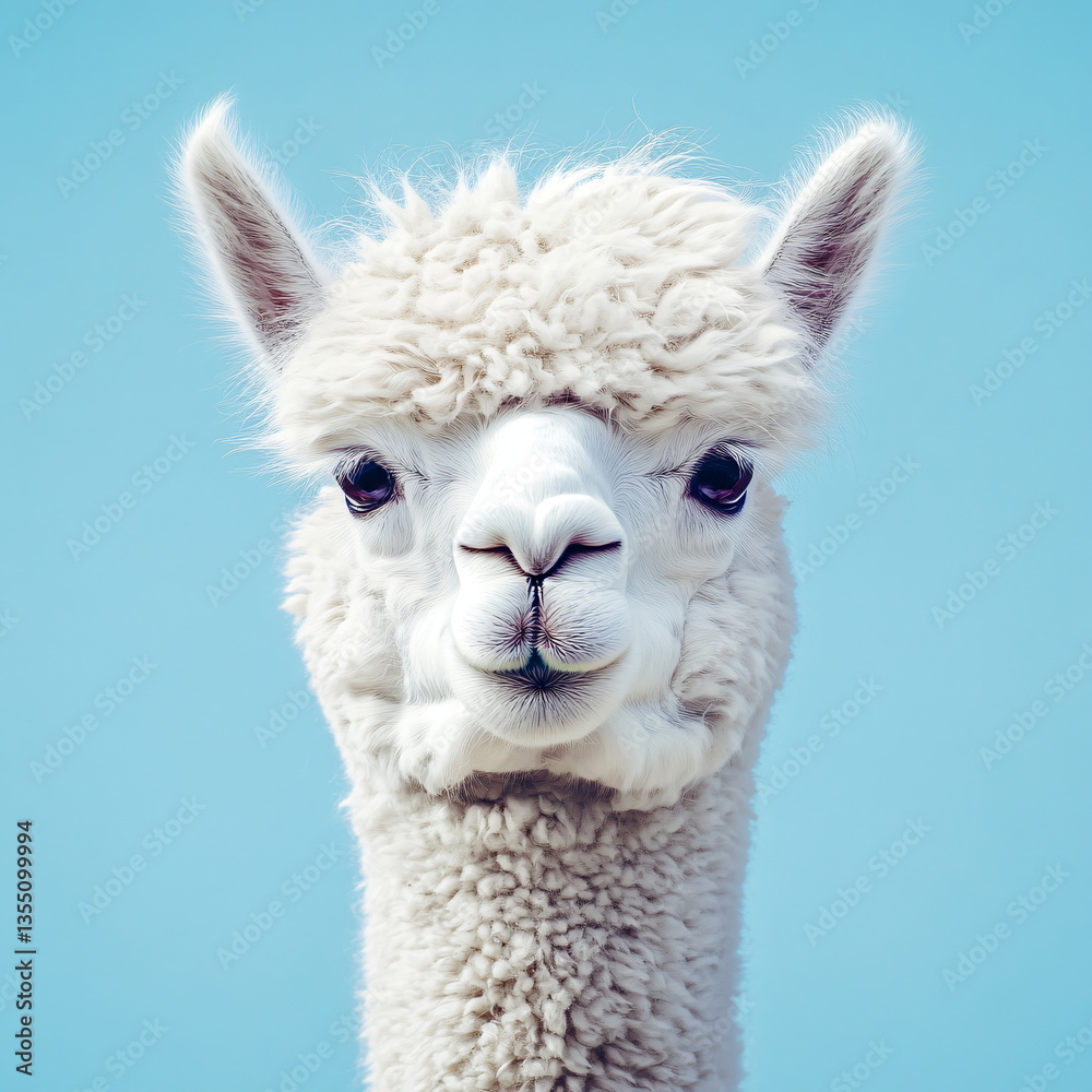 Obraz premium Funny white alpaca on blue background