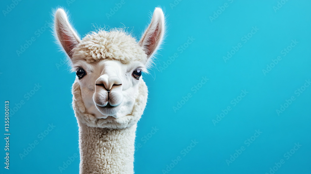 Obraz premium Funny white alpaca on blue background