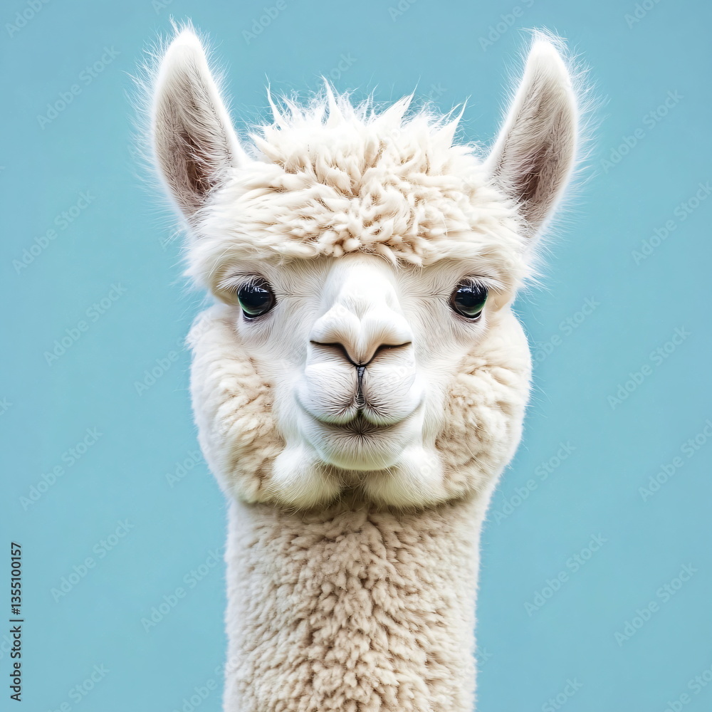 Obraz premium Funny white alpaca on blue background