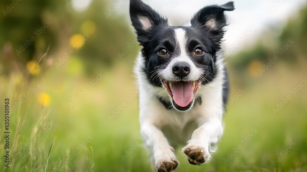 Playful dog running joyfully through a vibrant green field on a sunny day : Generative AI