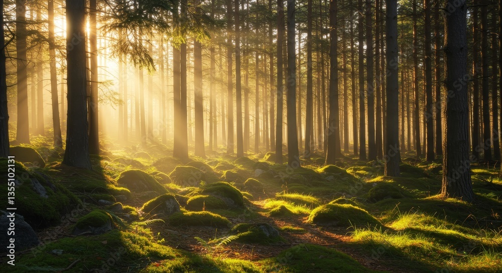 Obraz premium Golden Rays in Tranquil Woods - Serene forest bathed in sunlight, symbolizing peace, nature's beauty, tranquility, renewal, and spiritual awakening