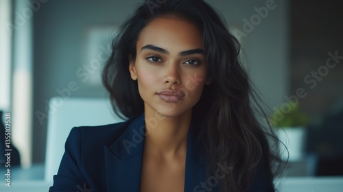 Wallpaper Mural Young female executive exudes confidence in a navy blazer, seated at a modern desk, embodying professionalism and leadership. Torontodigital.ca