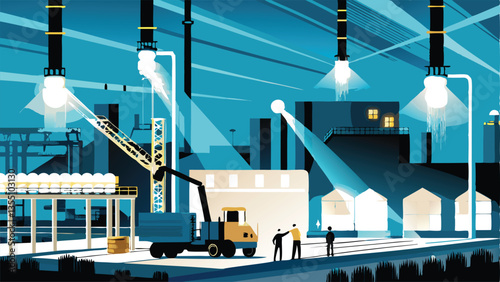 Illustrate a sprawling industrial facility at night, brightly illuminated, showcasing its towering structures and active machinery.  Focus on atmospheric lighting and detailed textures.