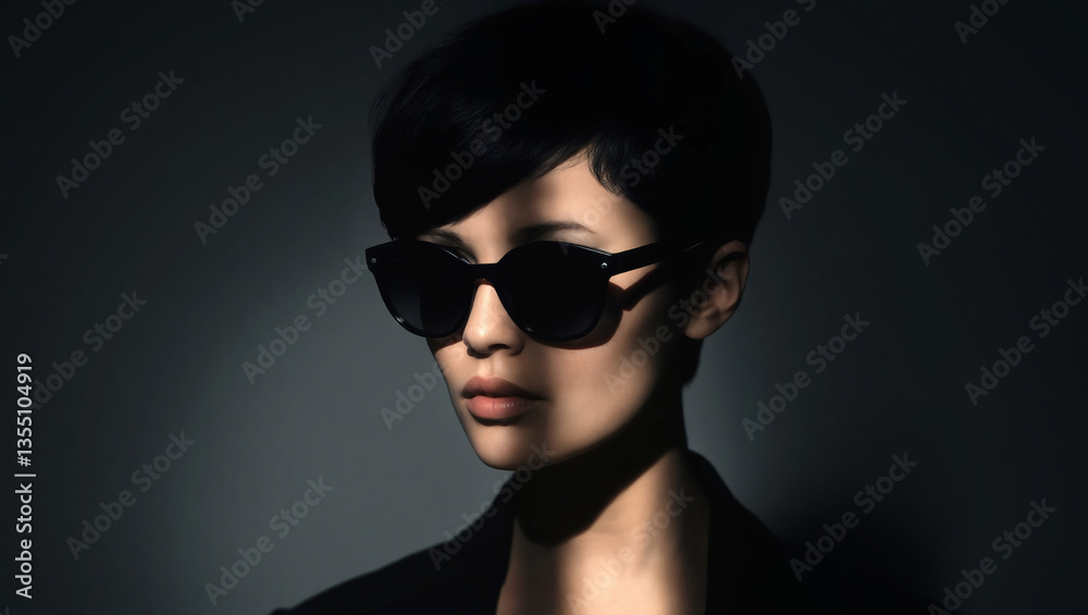 short hair girl in black glasses and shadow on her face