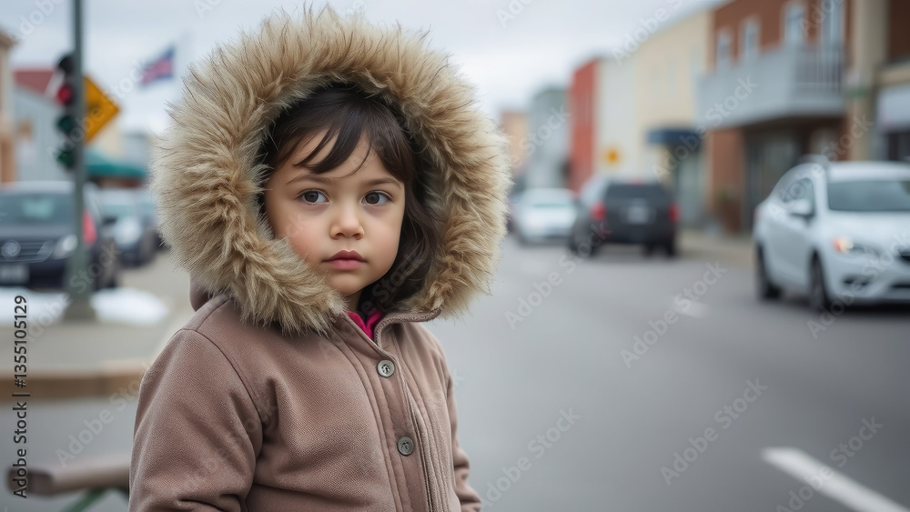 Fototapeta premium little greenlandic girl on street in nuuk greenland, child with dark hair in national dress, nationality, diversity, alaska, people of the north