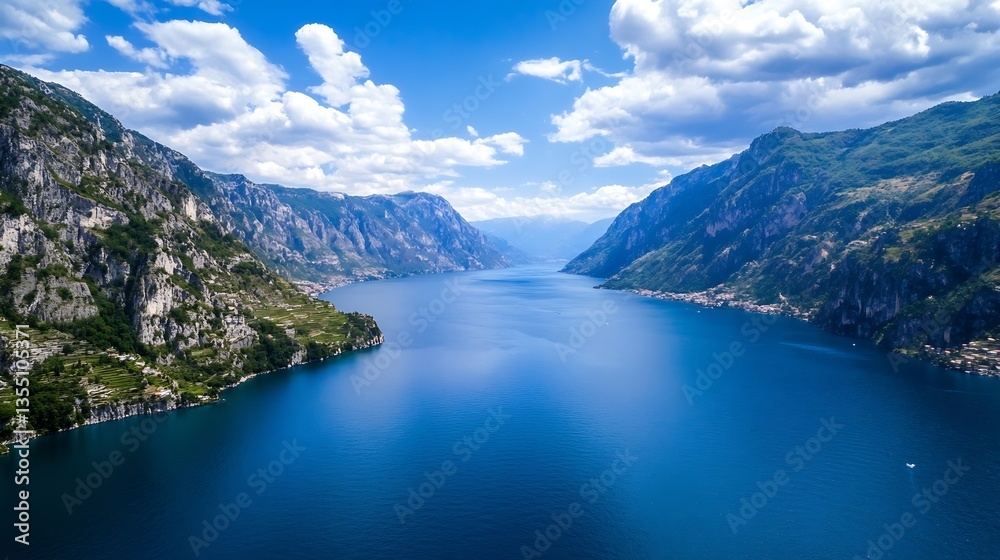 Breathtaking aerial view of a deep blue lake surrounded by majestic mountains under a partly cloudy sky : Generative AI Breathtaking aerial view of a deep blue lake surrounded by majestic mountains under a partly cloudy sky : Generative AI
