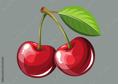 Two vibrant. glossy cherries with a leaf.