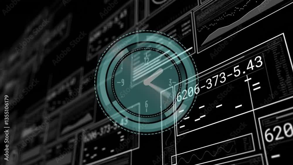 Clock animation over digital data and graphs on black background
