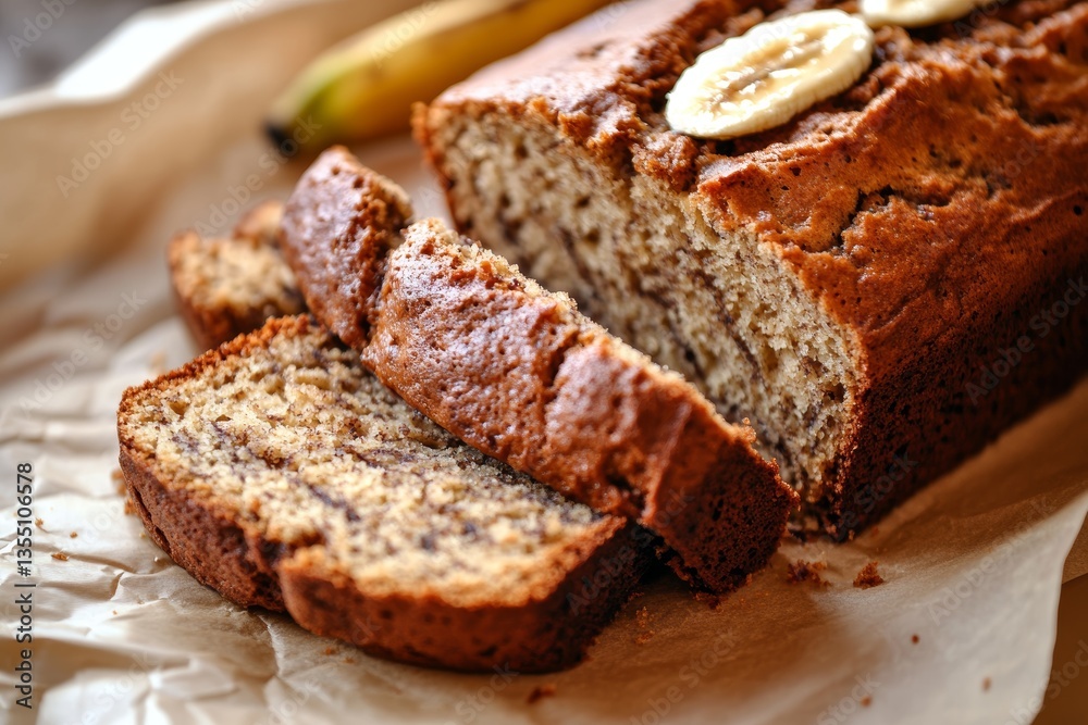 Close up detail of sliced banana bread lying on baking paper Close up detail of sliced banana bread lying on baking paper