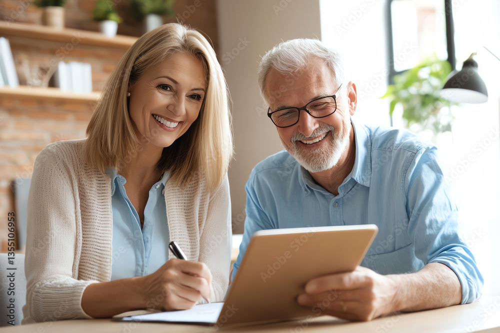 smiling mature couple is sitting together table, engaging with tablet. woman is writing notes while man looks screen, both appearing happy and connected. Their warm expressions convey sense of joy