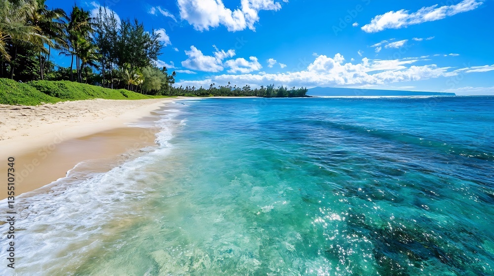 Obraz premium Breathtaking Tropical Beach with Clear Waters and Lush Green Landscape Under a Bright Blue Sky : Generative AI