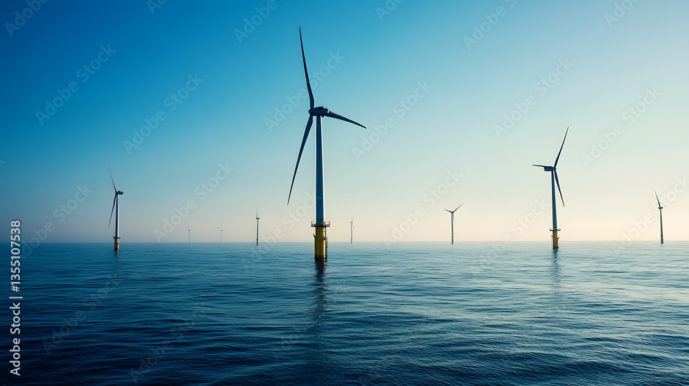 A calm afternoon with offshore wind turbines slowly rotating on the horizon, surrounded by the vast open sea. A calm afternoon with offshore wind turbines slowly rotating on the horizon, surrounded by the vast open sea.